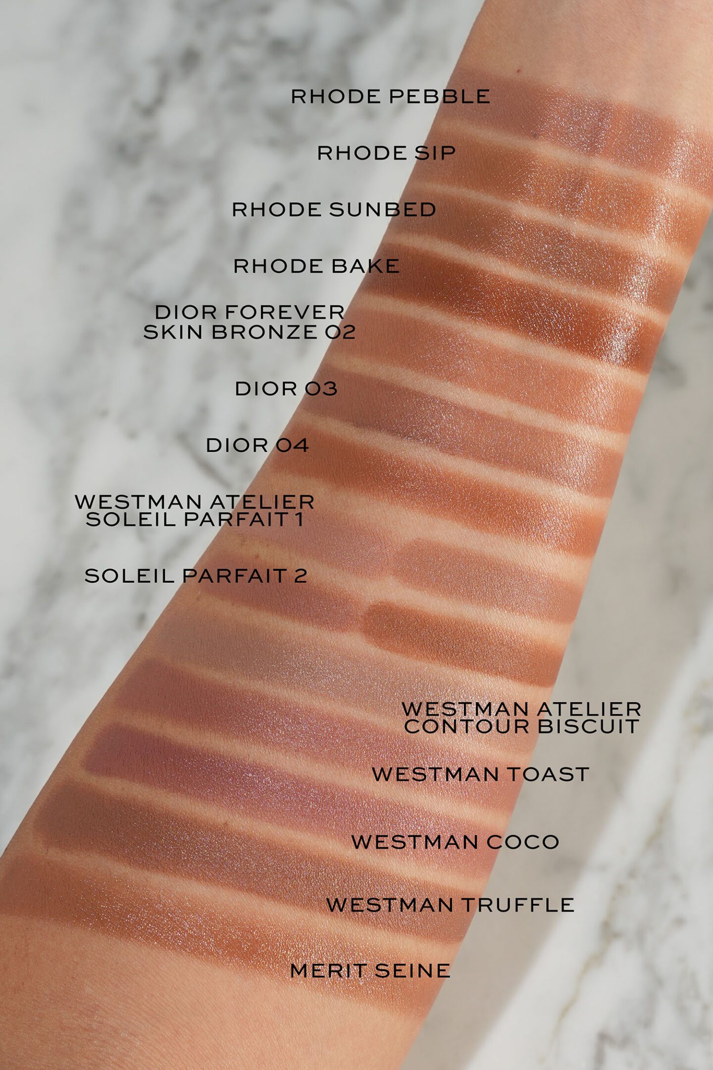 Cream Bronzer Comparison Swatches Rhode, Dior, Westman Atelier, Merit